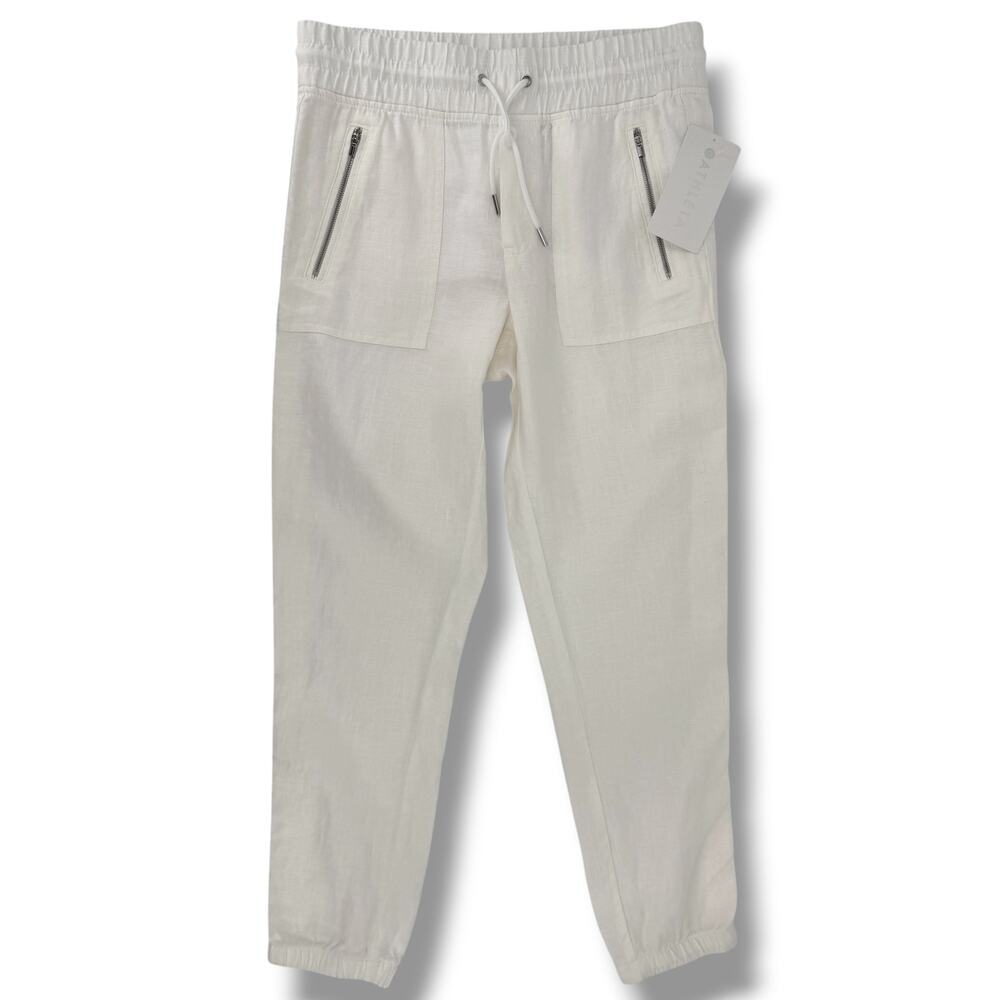 Athleta Cabo 100% Linen Jogger Pants Womens Size 4 White Pull On Zip Pockets